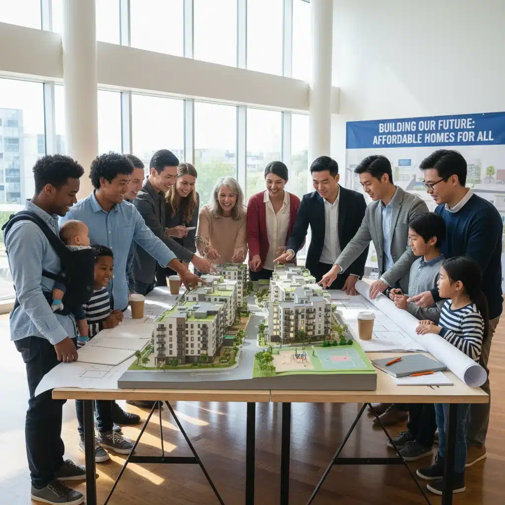Diverse group reviewing plans for new affordable housing development, symbolizing community engagement.