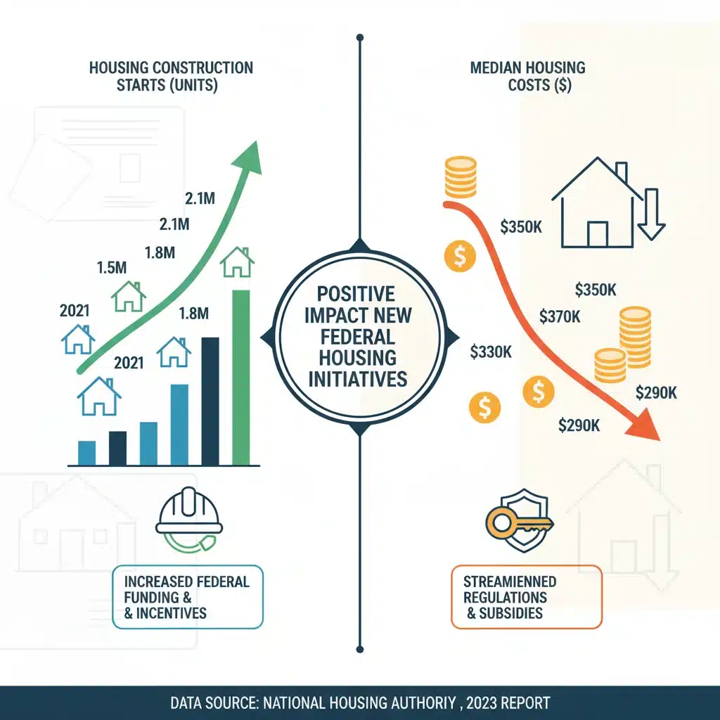 Infographic showing positive trends in housing construction and decreasing costs due to federal initiatives.