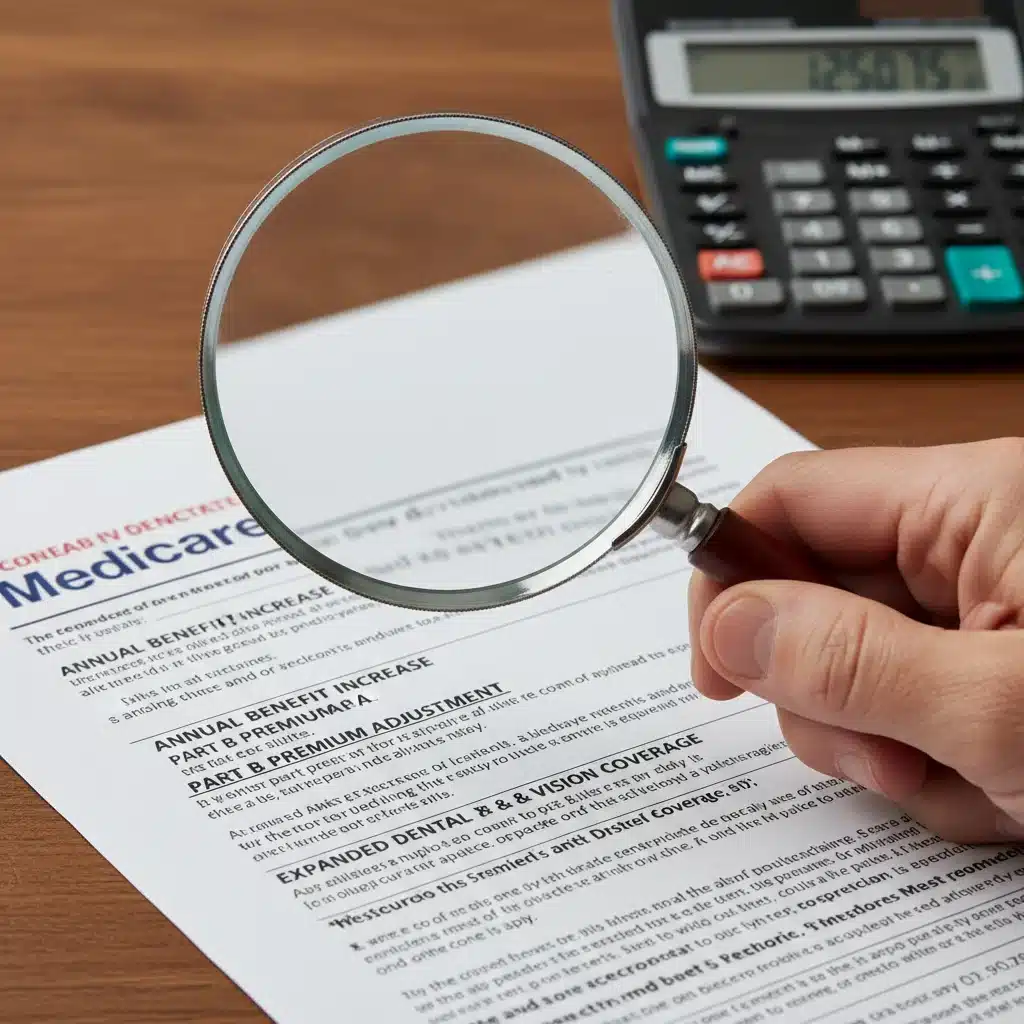 Magnifying glass over Medicare document, detailing 2026 benefit increases.