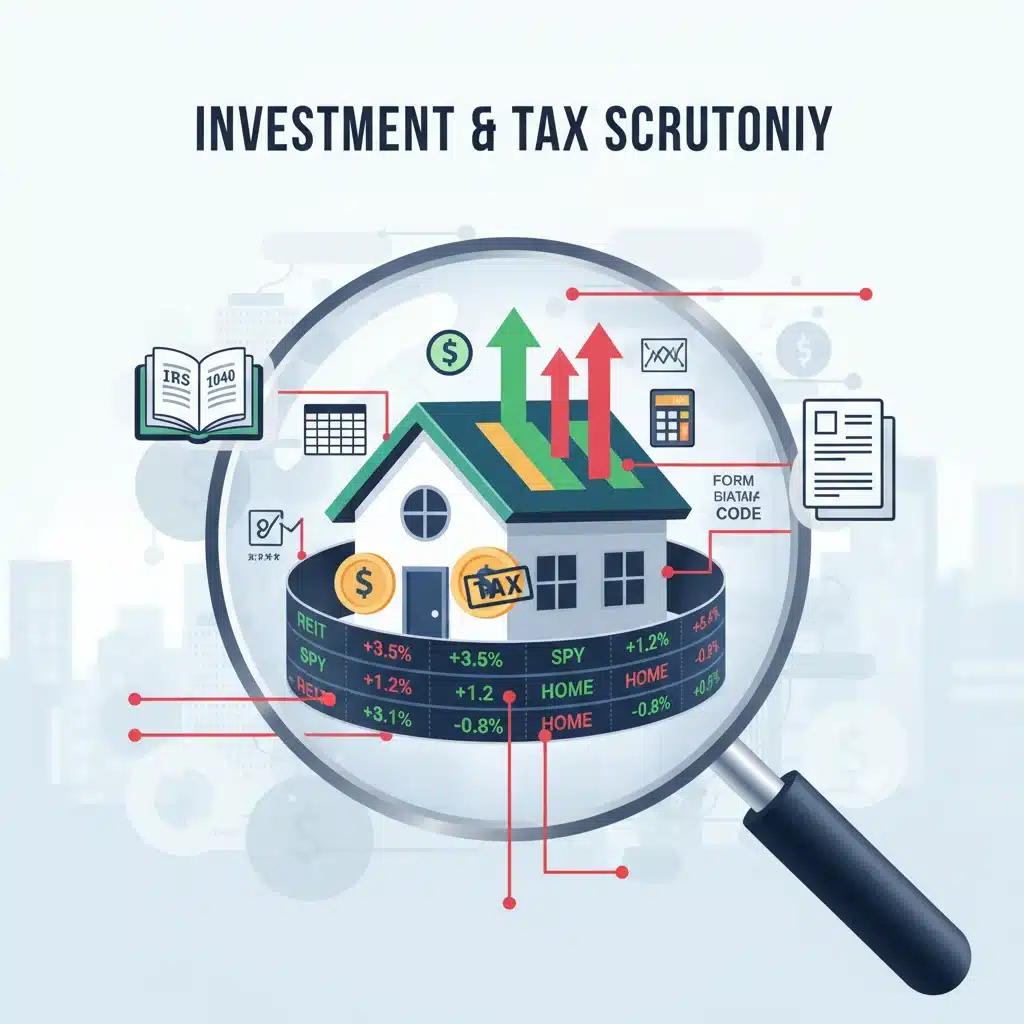 Real estate and stock market investments under a magnifying glass, illustrating tax implications.