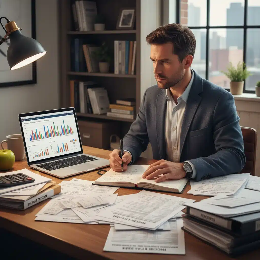 Person analyzing financial graphs and tax documents, engaged in strategic tax planning.