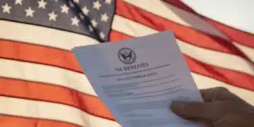 US flag and veteran's hand holding VA benefit document