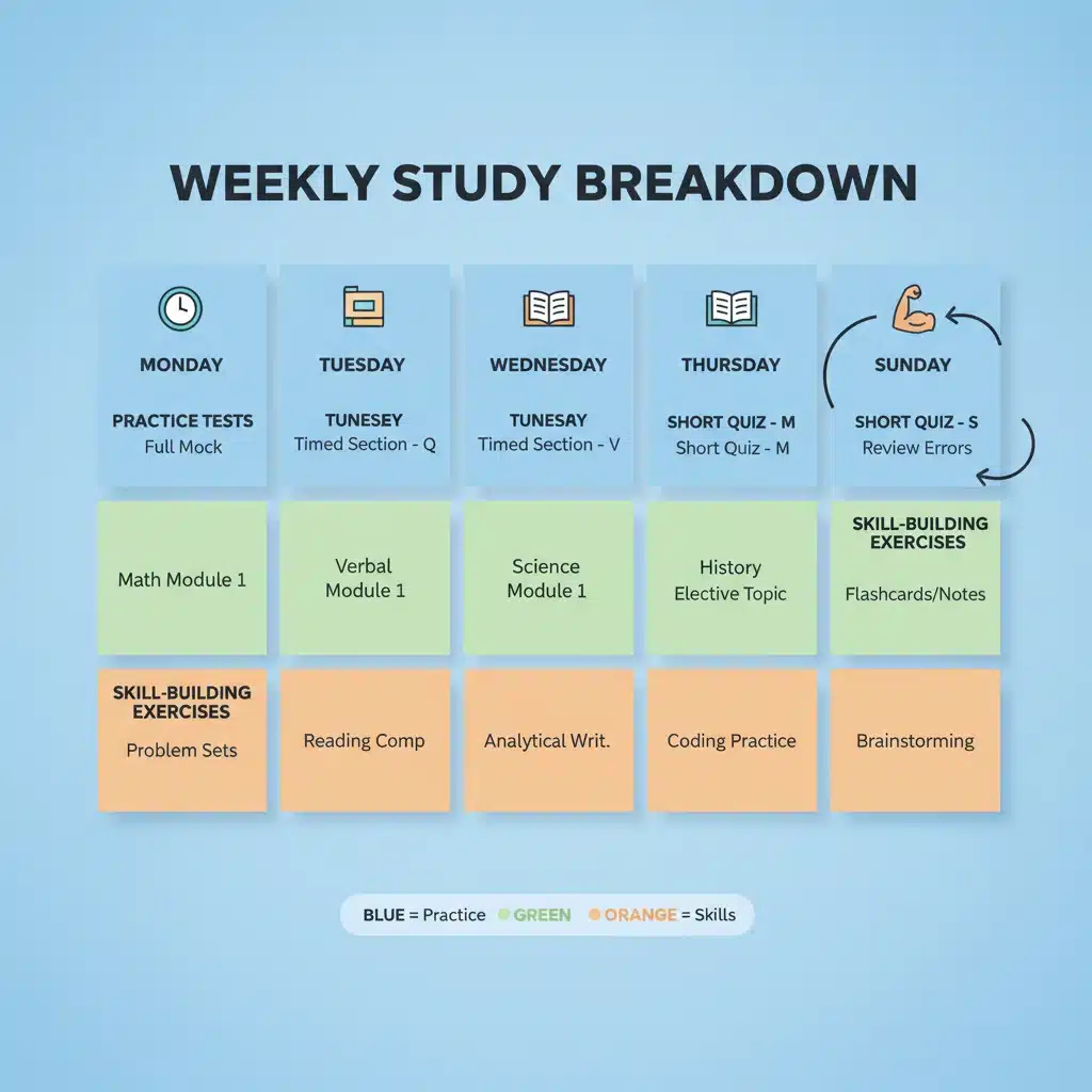 Infographic showing weekly study schedule and activities for test preparation