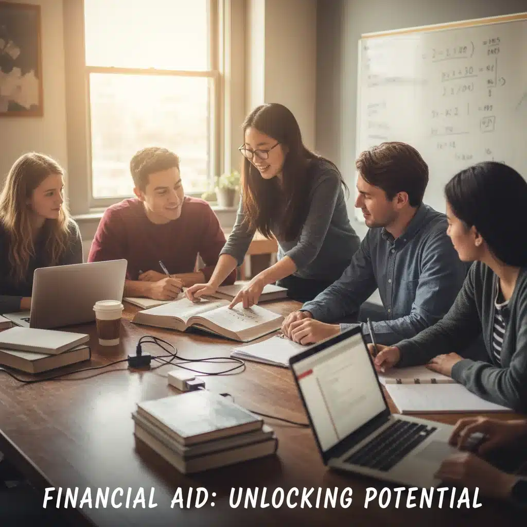 Diverse college students collaborating in a study group, symbolizing academic success with financial aid.