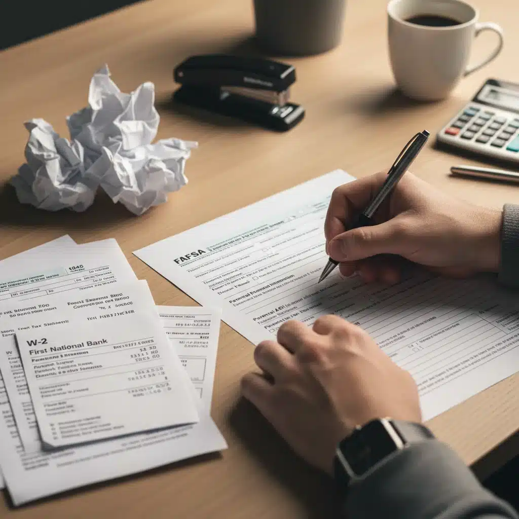 Hands meticulously filling out FAFSA form with tax documents and financial statements.