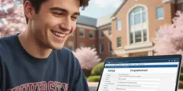 Student successfully completing FAFSA application, smiling at a laptop screen with financial aid forms.
