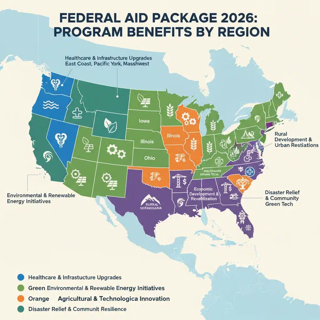 US map highlighting regions benefiting from federal aid