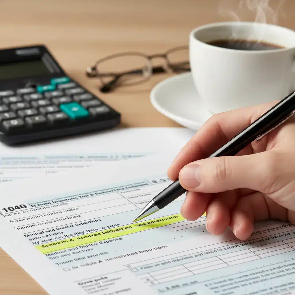 Hand highlighting deduction sections on an IRS tax form
