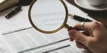 Hand with magnifying glass examining financial documents for unclaimed government benefits